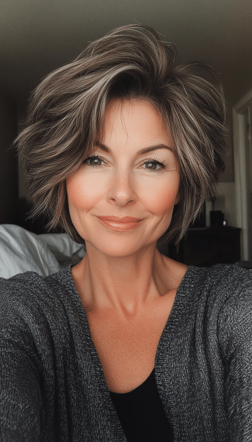 22. Edgy Layered Crop in Soft Warm Brown (Short Hairstyles For Older Women With Thin Hair) - Short Hairstyles For Older Women With Thin Hair
