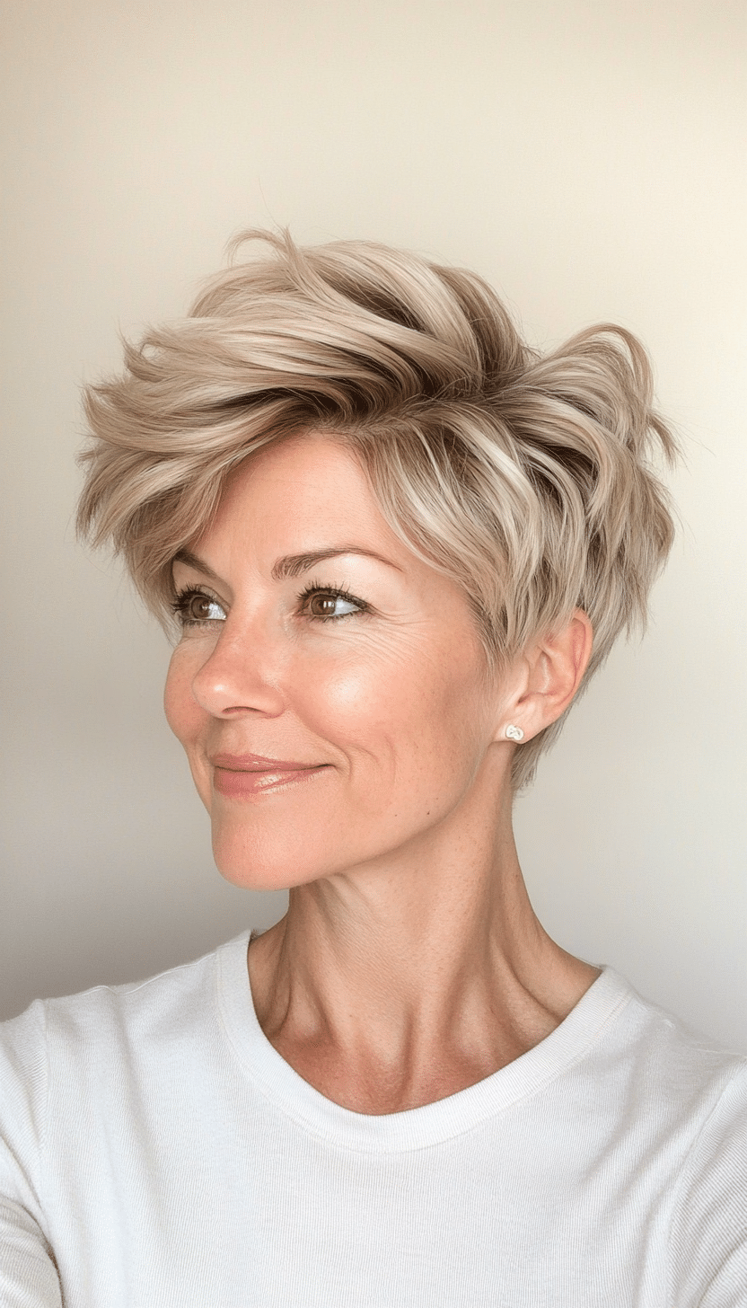 24. Tousled Pixie with Crown Volume in Soft Beige Blonde (Short Hairstyles For Older Women With Thin Hair) - Short Hairstyles For Older Women With Thin Hair