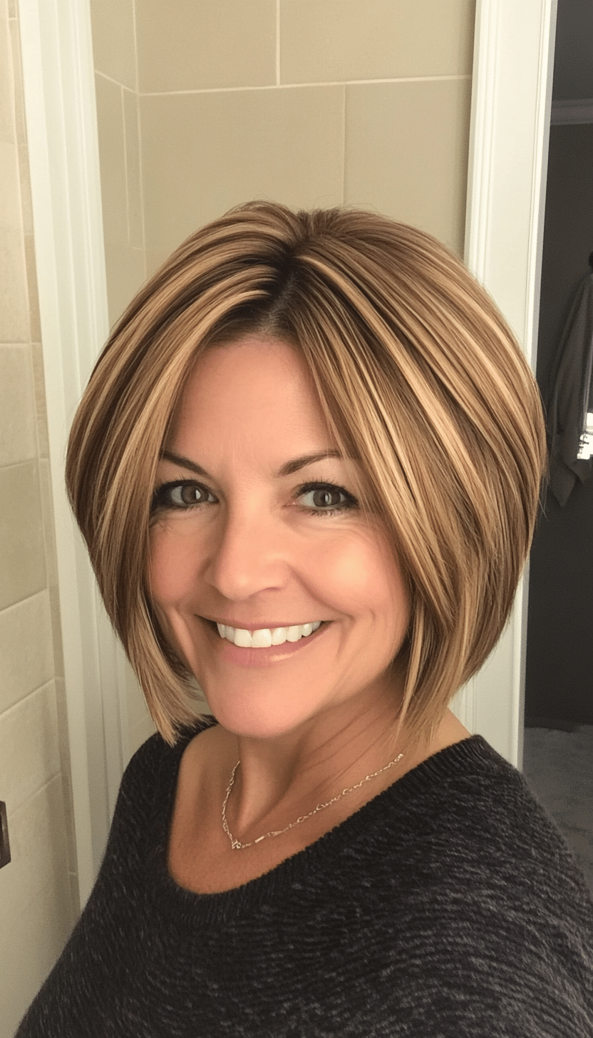 25. Neck-Length Bob with Side Layers in Golden Brunette (Short Hairstyles For Older Women With Thin Hair) - Short Hairstyles For Older Women With Thin Hair
