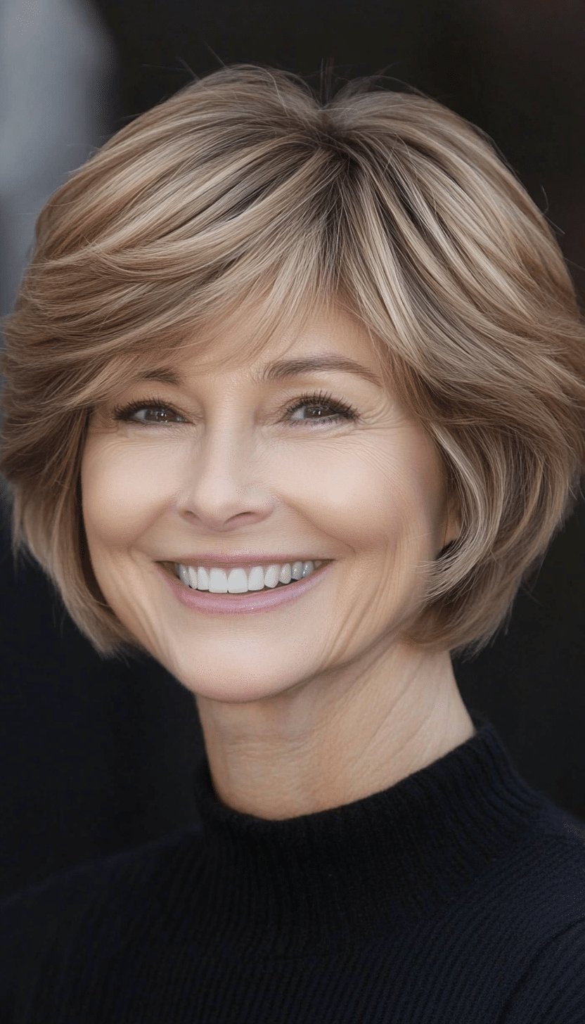 26. Rounded Layered Bob in Sandy Brown (Short Hairstyles For Older Women With Thin Hair) - Short Hairstyles For Older Women With Thin Hair