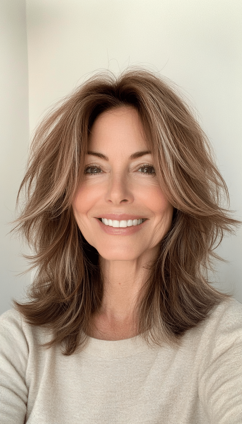 1. Feathered Shag with Warm Chestnut Layers (Shaggy Haircuts For Older Women) - Shaggy Haircuts For Older Women