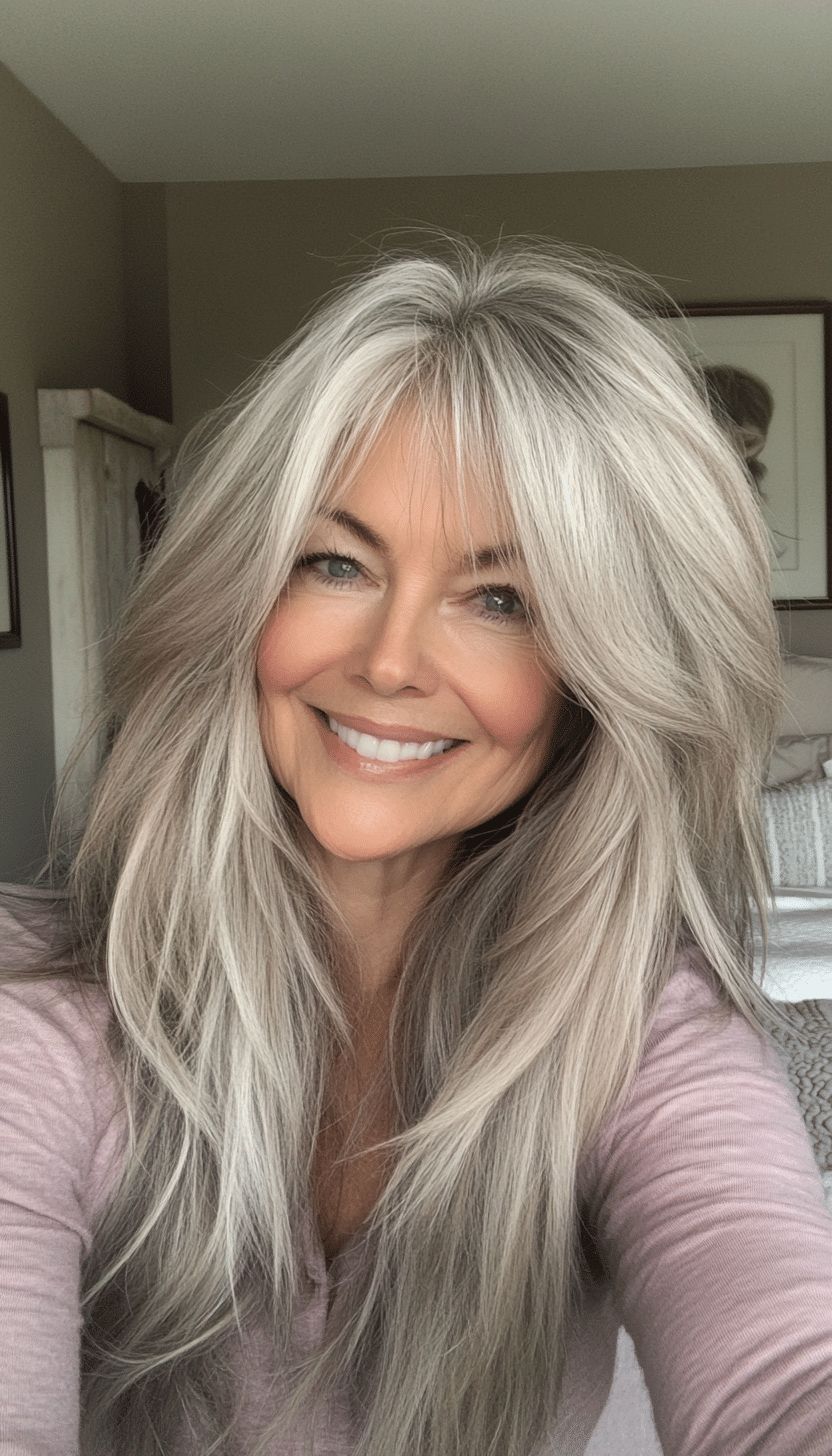 8. Long Shag with Side Bangs in Ash Blonde (Shaggy Haircuts For Older Women) - Shaggy Haircuts For Older Women