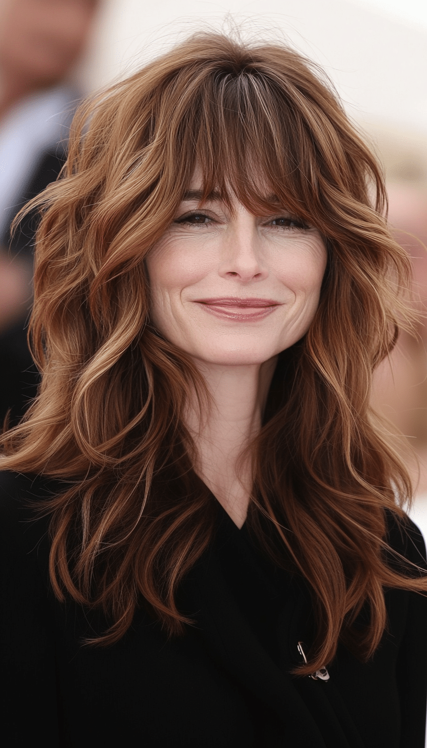 10. Wavy Shag with Curtain Bangs in Chestnut Brown (Shaggy Haircuts For Older Women) - Shaggy Haircuts For Older Women