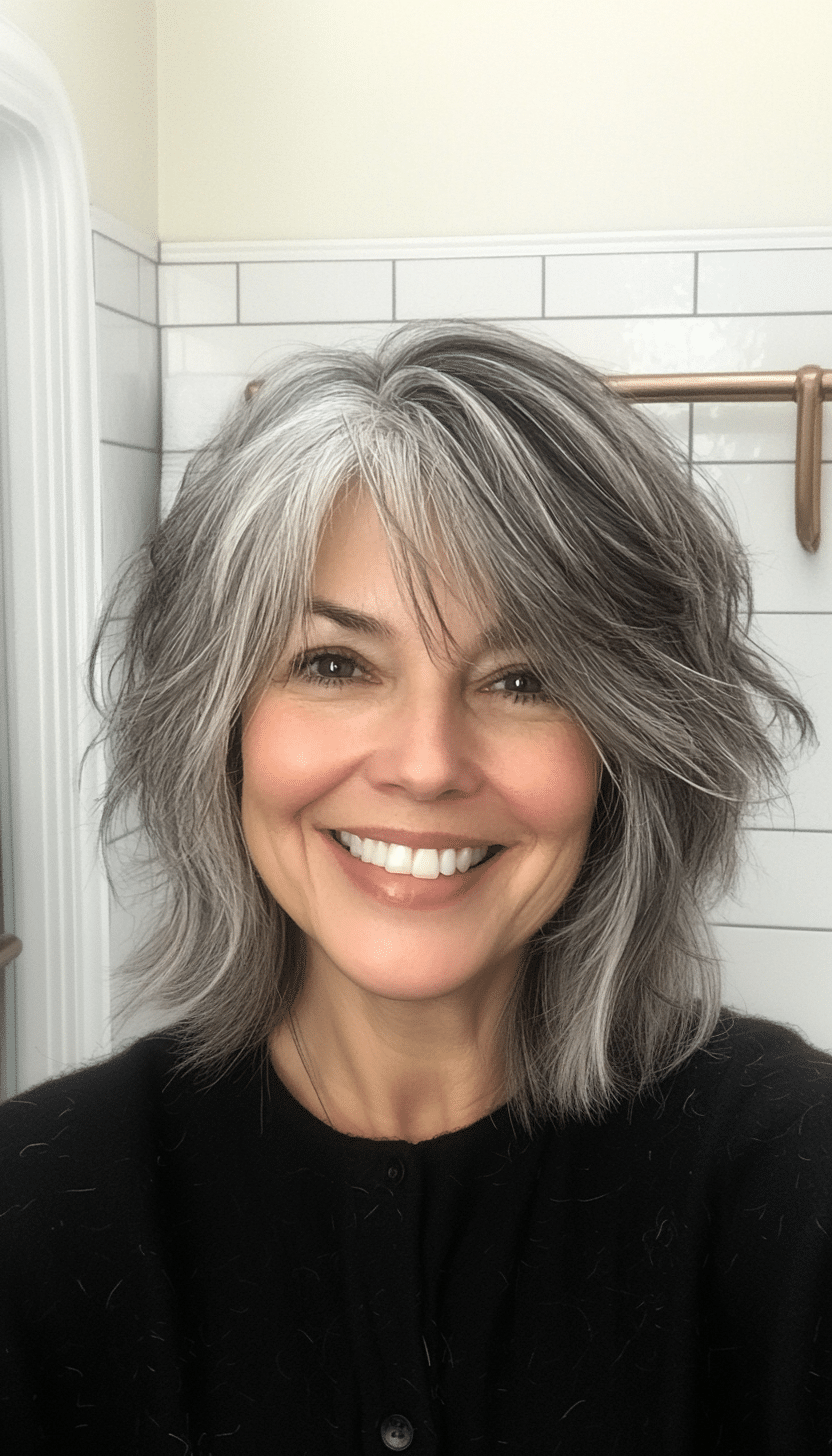 11. Chin-Length Shaggy Bob in Charcoal Gray (Shaggy Haircuts For Older Women) - Shaggy Haircuts For Older Women