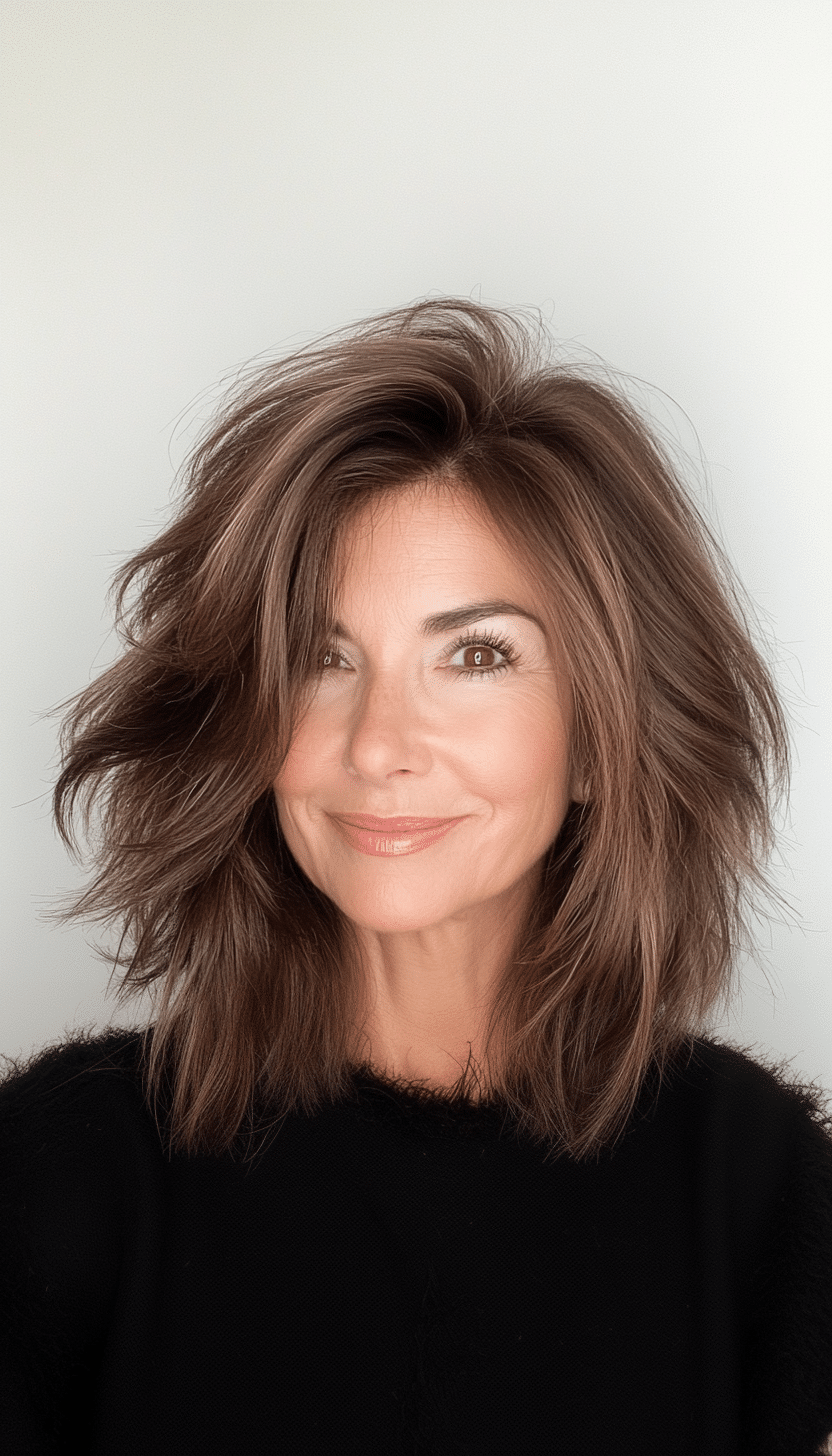 12. Medium-Length Razored Shag in Cocoa Brown (Shaggy Haircuts For Older Women) - Shaggy Haircuts For Older Women