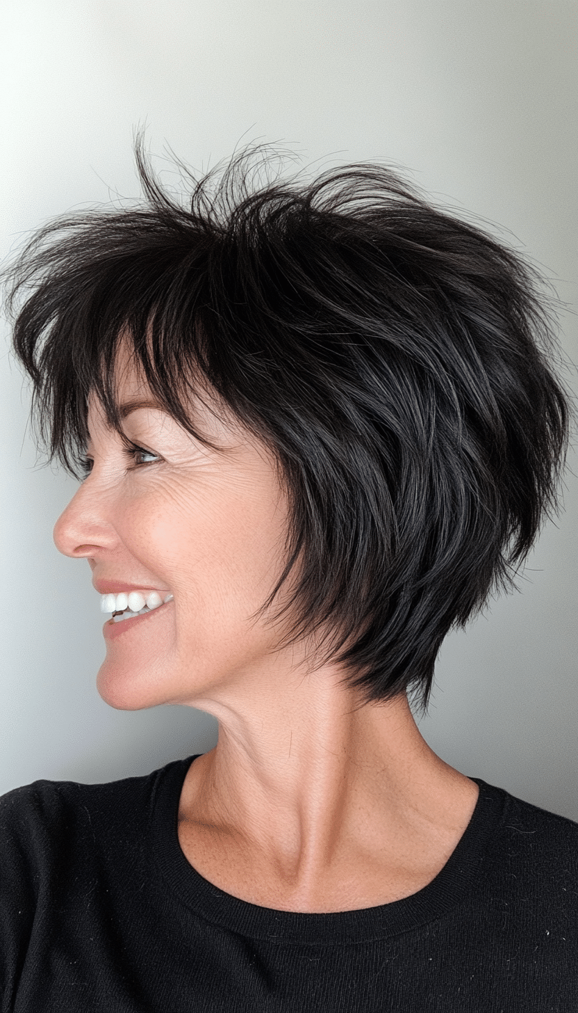 14. Edgy Short Shag in Natural Black (Shaggy Haircuts For Older Women) - Shaggy Haircuts For Older Women