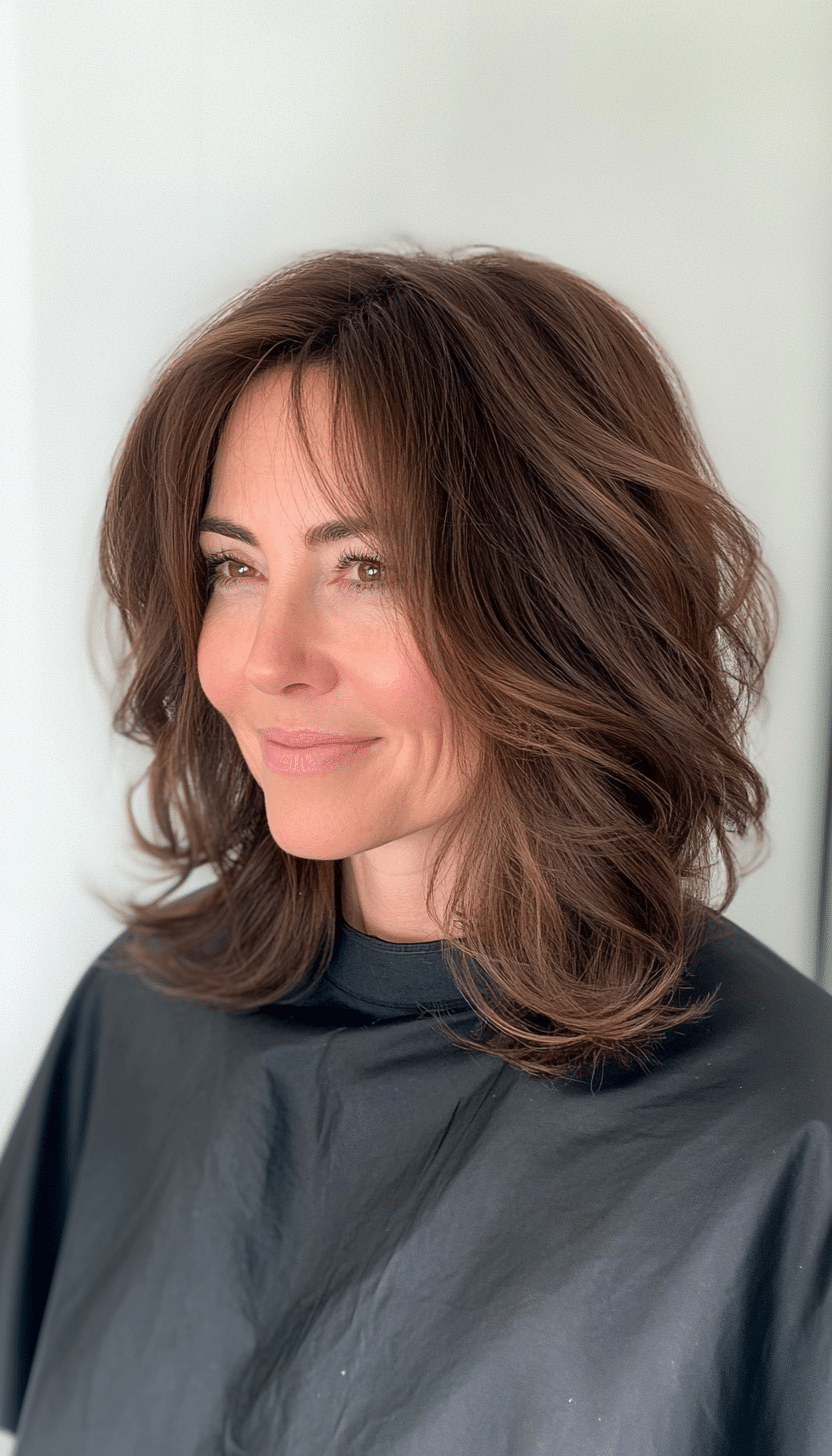 15. Wavy Lob Shag in Warm Brunette (Shaggy Haircuts For Older Women) - Shaggy Haircuts For Older Women