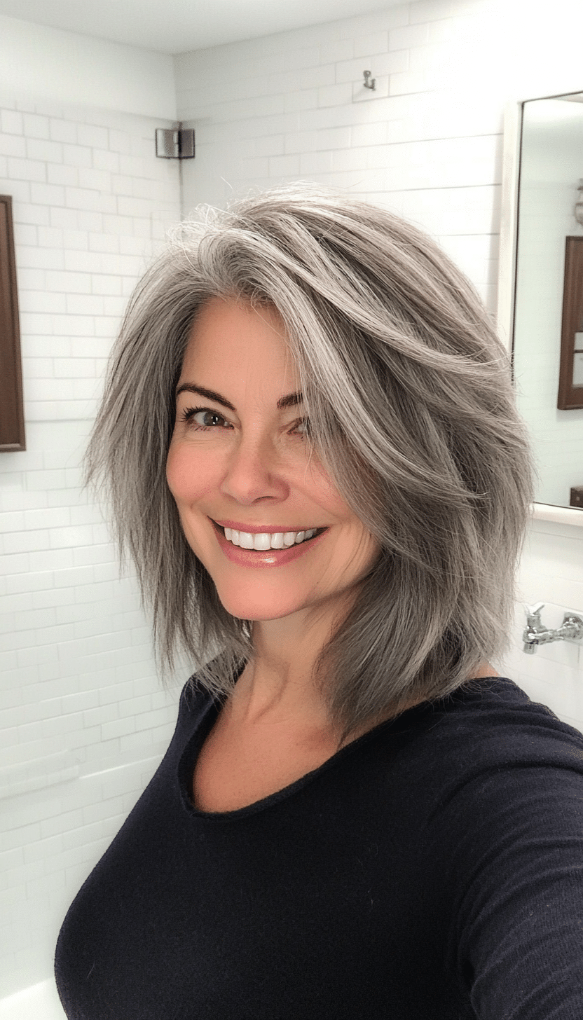 23. Sleek Layered Shag in Soft Ash Gray (Shaggy Haircuts For Older Women) - Shaggy Haircuts For Older Women