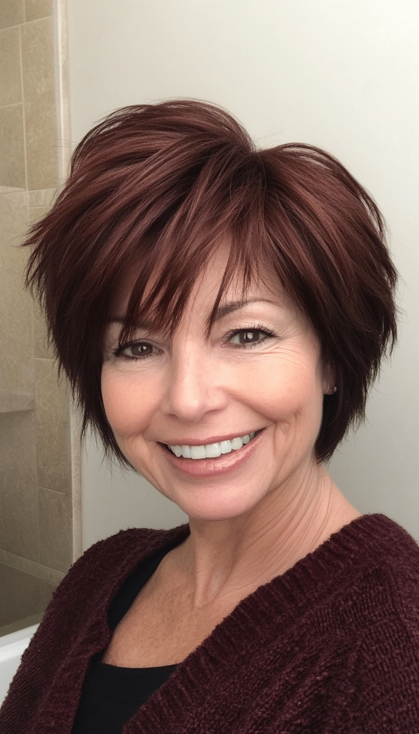 24. Short Cropped Shag in Deep Mahogany (Shaggy Haircuts For Older Women) - Shaggy Haircuts For Older Women