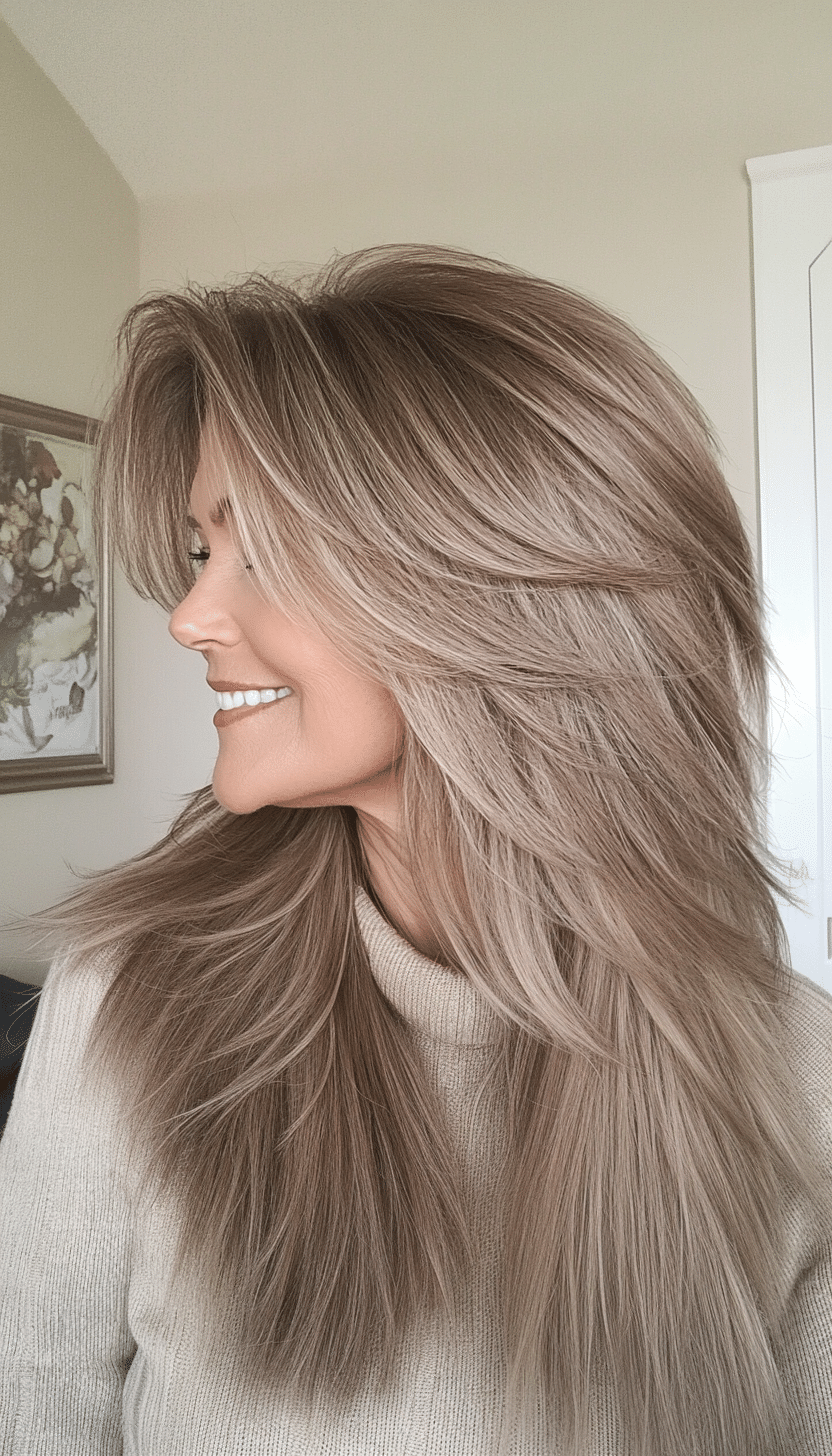 25. Long Shag with Feathered Ends in Light Brown (Shaggy Haircuts For Older Women) - Shaggy Haircuts For Older Women