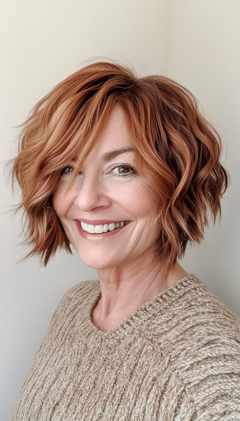 26. Shaggy Bob with Natural Waves in Warm Auburn (Shaggy Haircuts For Older Women) - Shaggy Haircuts For Older Women