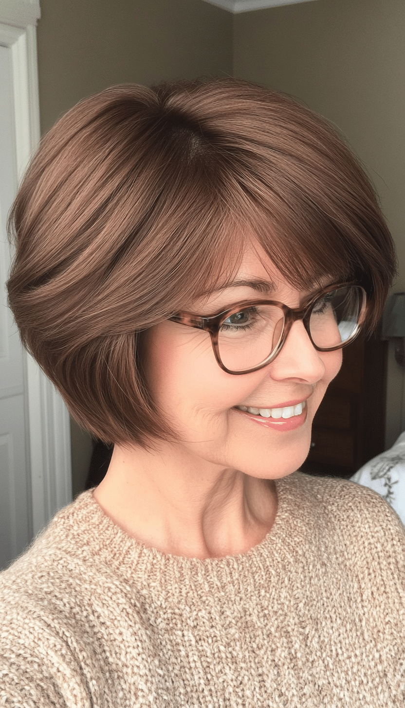 3. Layered Bob with Side-Swept Bangs in Warm Chestnut (Short Hairstyles For Women Over 70 With Glasses) - Short Hairstyles For Women Over 70 With Glasses