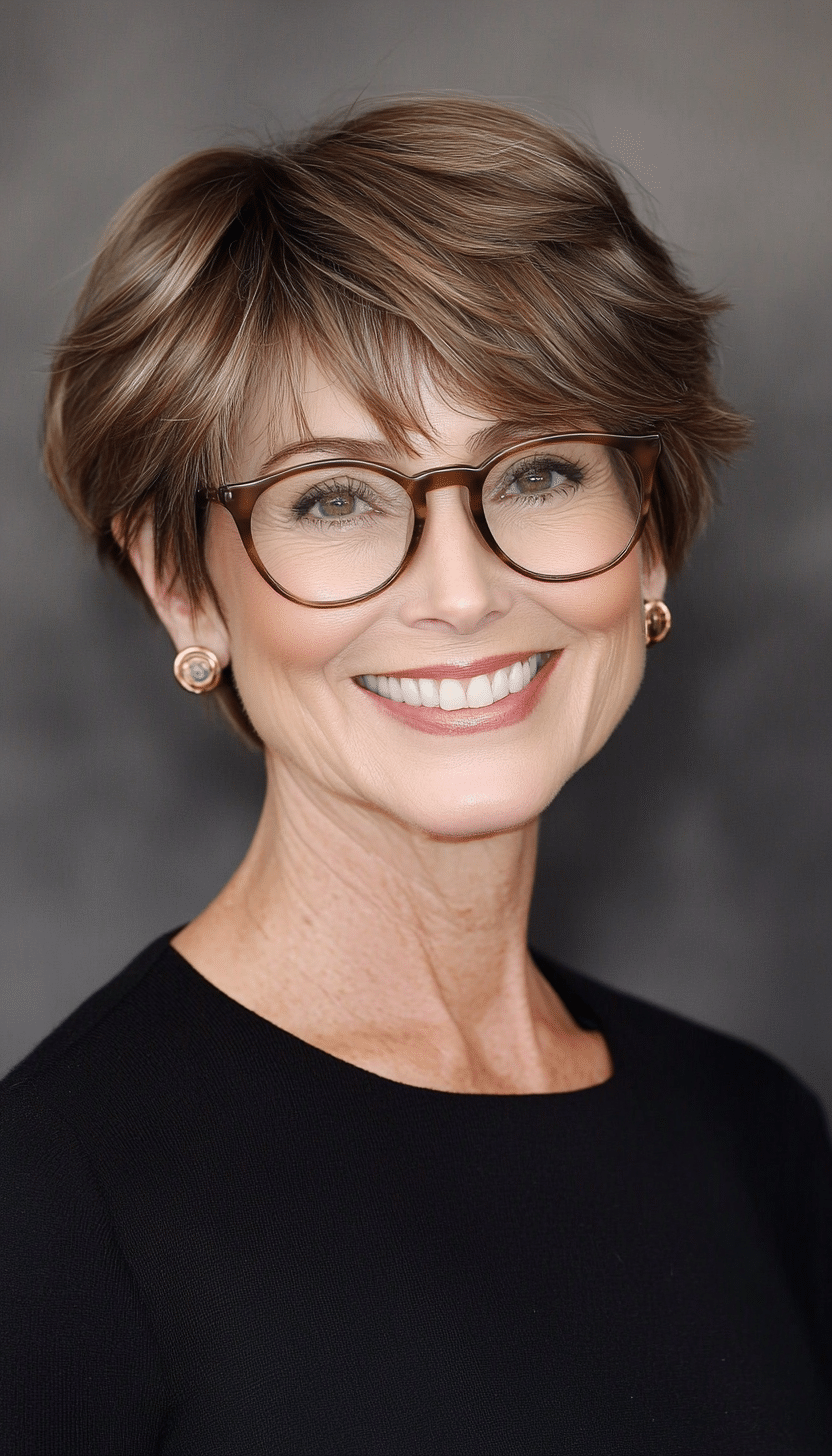 12. Ear-Length Layered Cut in Warm Brown (Short Hairstyles For Women Over 70 With Glasses) - Short Hairstyles For Women Over 70 With Glasses