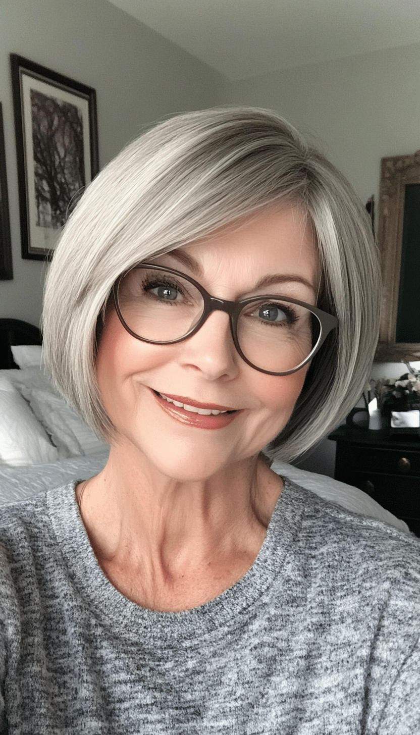 13. Short French Bob in Ash Gray (Short Hairstyles For Women Over 70 With Glasses) - Short Hairstyles For Women Over 70 With Glasses