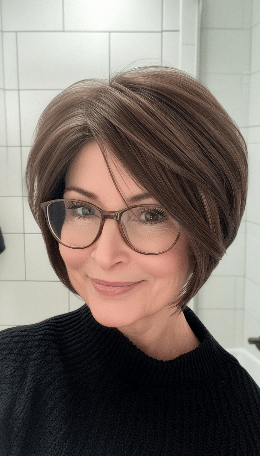 16. Chin-Length Bob with Subtle Layers in Espresso Brown (Short Hairstyles For Women Over 70 With Glasses) - Short Hairstyles For Women Over 70 With Glasses