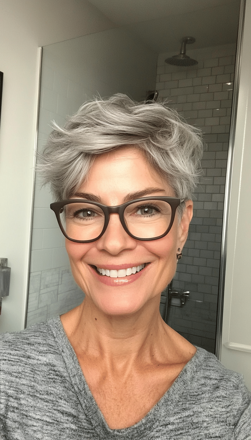 17. Short Crop with Piecey Texture in Salt-and-Pepper (Short Hairstyles For Women Over 70 With Glasses) - Short Hairstyles For Women Over 70 With Glasses