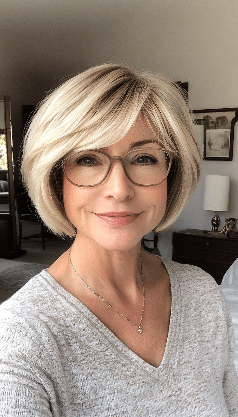18. Feathered Bob with Bangs in Light Ash Blonde (Short Hairstyles For Women Over 70 With Glasses) - Short Hairstyles For Women Over 70 With Glasses