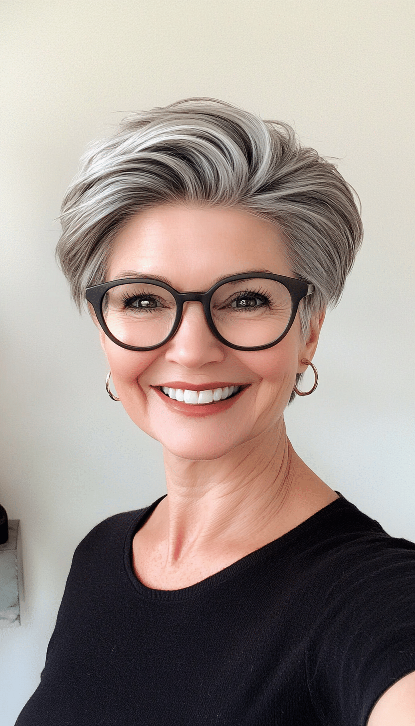 19. Mini Pompadour Pixie in Charcoal Gray (Short Hairstyles For Women Over 70 With Glasses) - Short Hairstyles For Women Over 70 With Glasses
