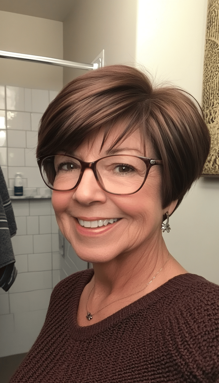 21. Short Wedge Cut in Mahogany Brown (Short Hairstyles For Women Over 70 With Glasses) - Short Hairstyles For Women Over 70 With Glasses