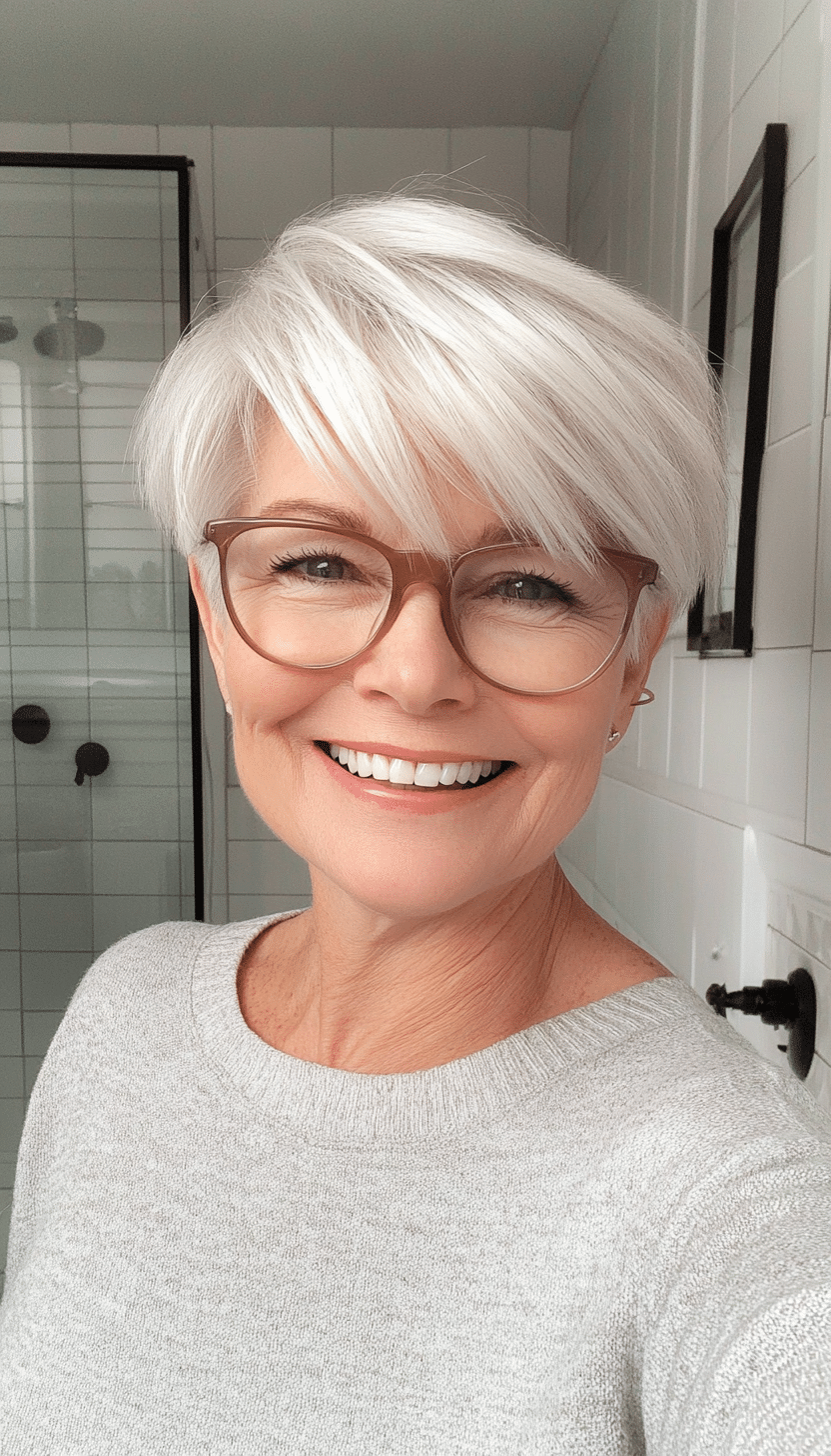 22. Layered Pixie with Wispy Bangs in Pearl White (Short Hairstyles For Women Over 70 With Glasses) - Short Hairstyles For Women Over 70 With Glasses