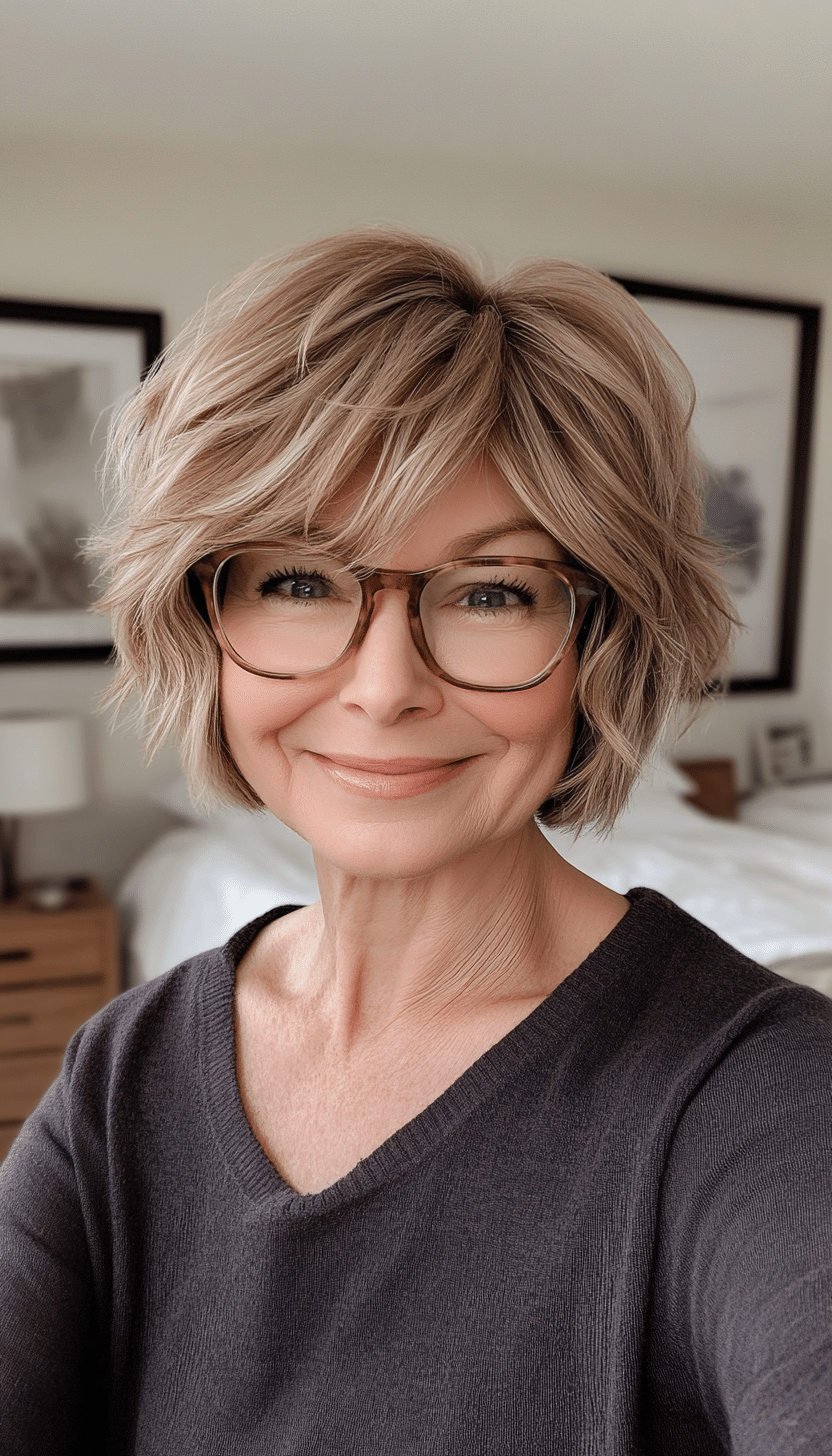 23. Messy Bob with Side Bangs in Light Brown (Short Hairstyles For Women Over 70 With Glasses) - Short Hairstyles For Women Over 70 With Glasses