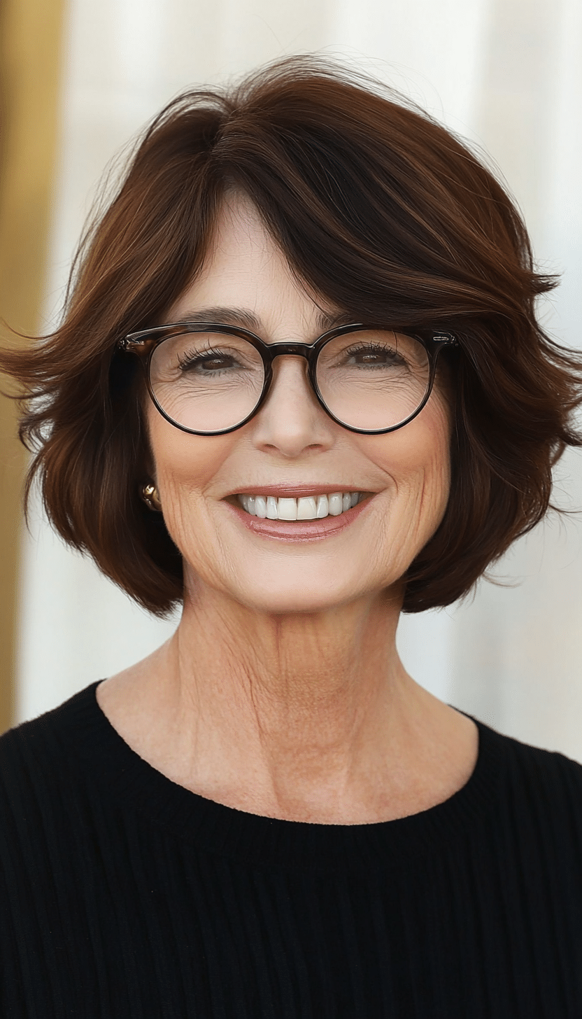 24. Flipped-Out Bob in Dark Chestnut (Short Hairstyles For Women Over 70 With Glasses) - Short Hairstyles For Women Over 70 With Glasses