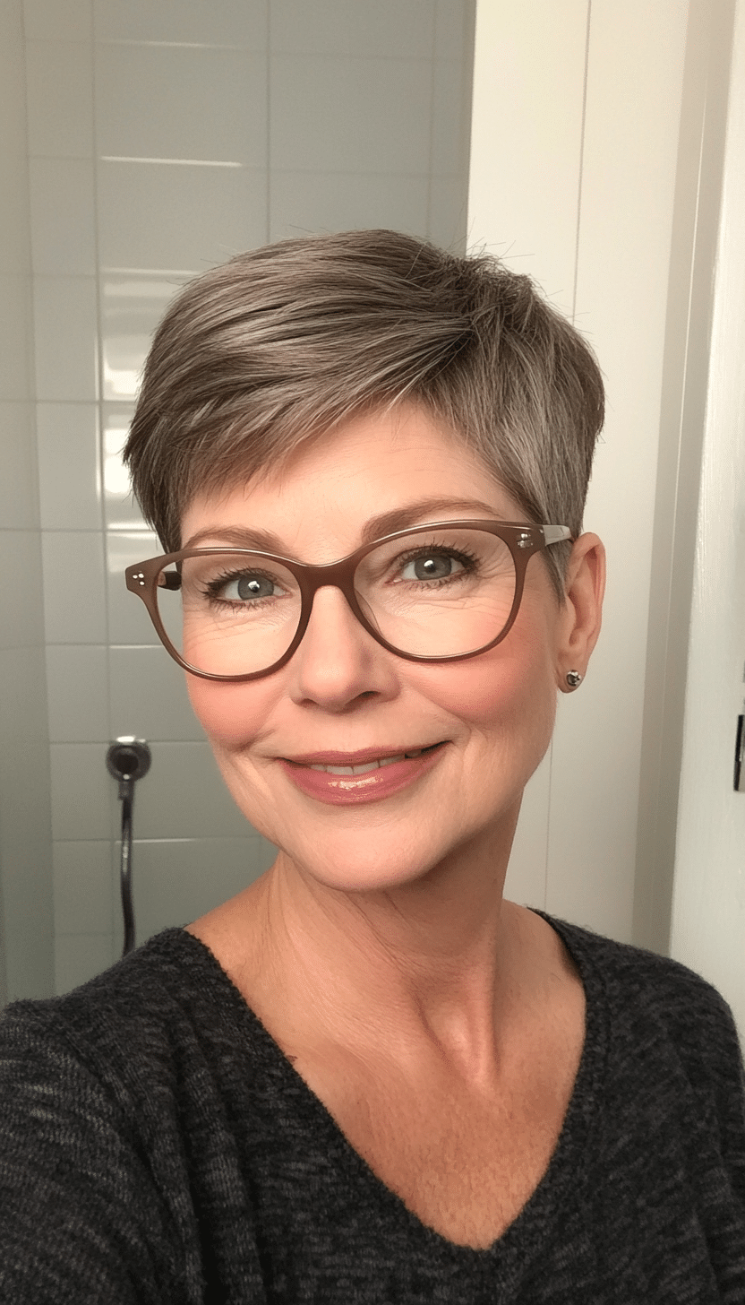 25. Boyish Tapered Pixie in Soft Ash Brown (Short Hairstyles For Women Over 70 With Glasses) - Short Hairstyles For Women Over 70 With Glasses