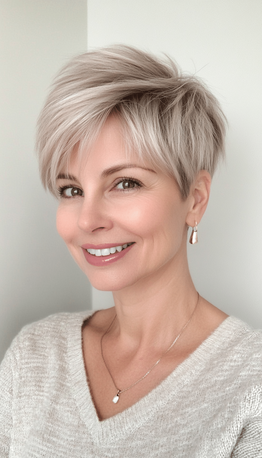 2. Feathered Pixie in Ash Blonde (Short Hairstyles For Women Over 40) - Short Hairstyles For Women Over 40