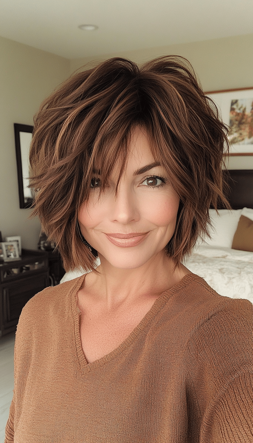 6. Modern Shag in Caramel Brown (Short Hairstyles For Women Over 40) - Short Hairstyles For Women Over 40