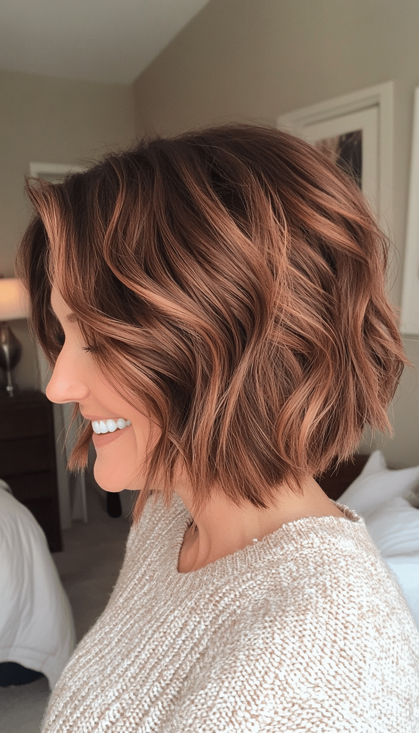 10. Wavy Lob in Warm Chestnut (Short Hairstyles For Women Over 40) - Short Hairstyles For Women Over 40