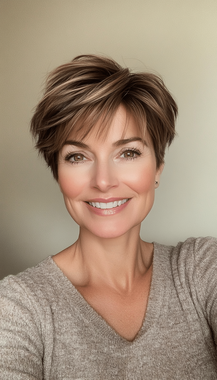 14. Layered Pixie in Soft Mocha Brown (Short Hairstyles For Women Over 40) - Short Hairstyles For Women Over 40