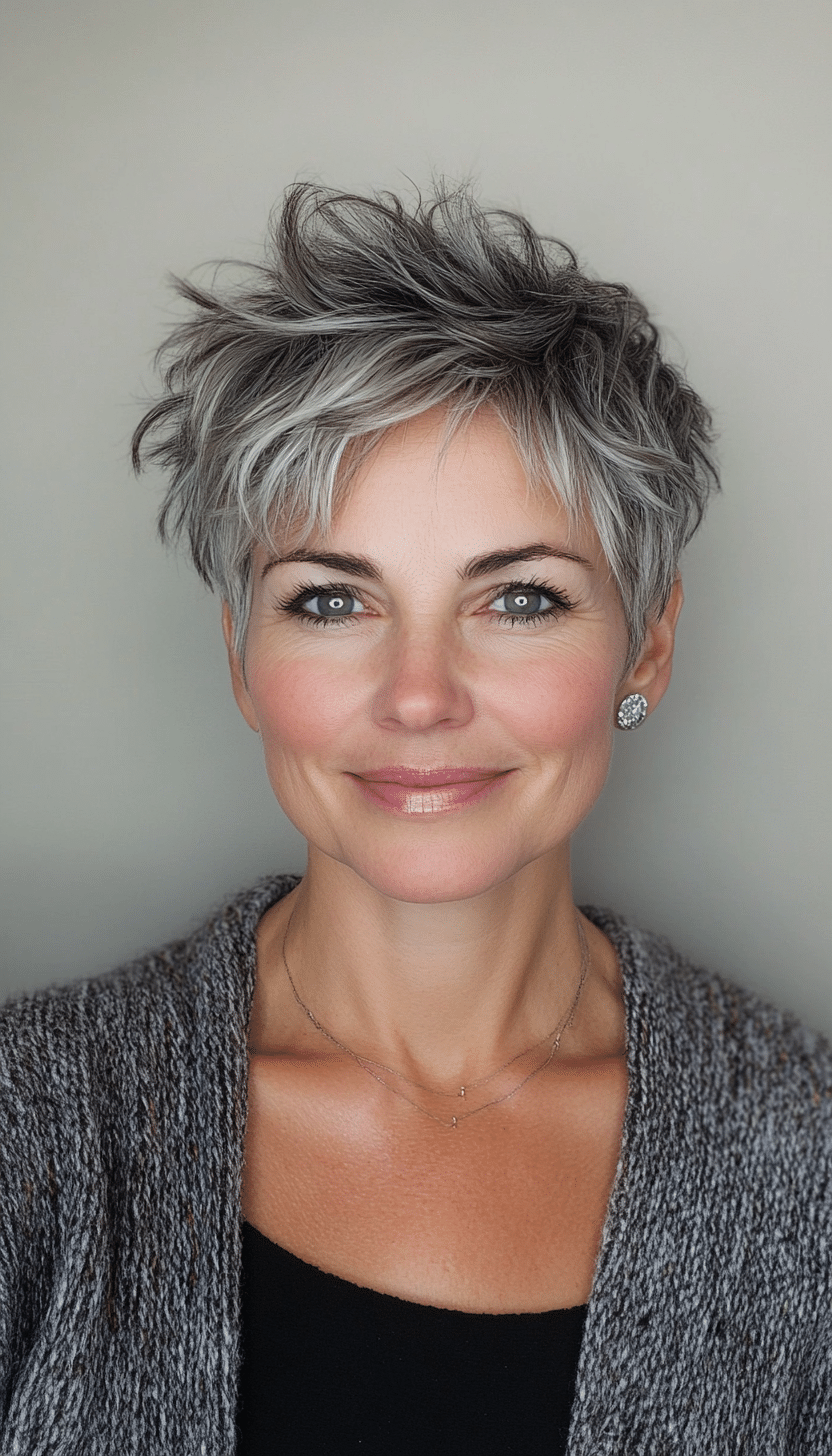 15. Tousled Crop in Natural Salt-and-Pepper (Short Hairstyles For Women Over 40) - Short Hairstyles For Women Over 40