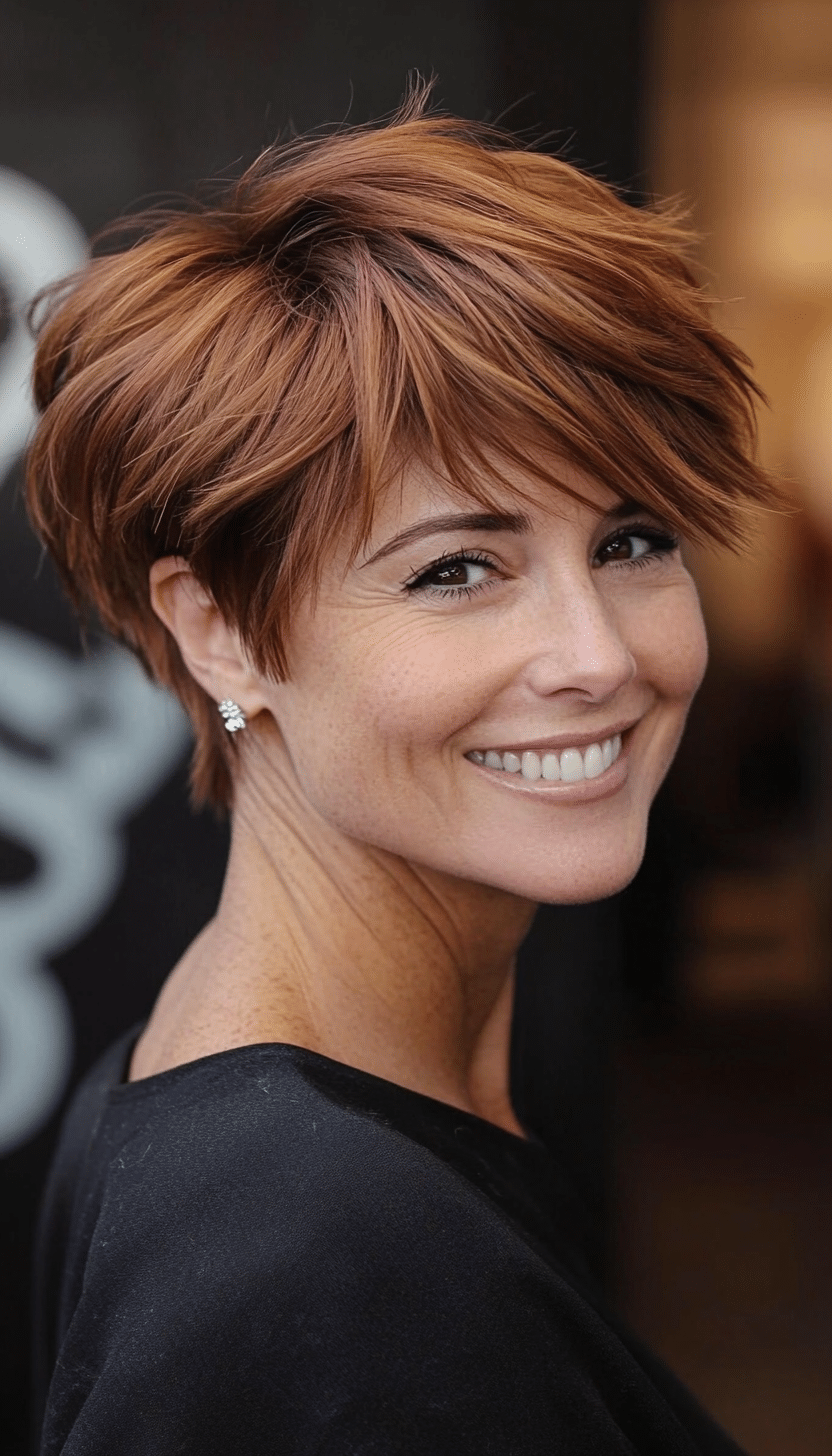 16. Short Razor Cut in Warm Cinnamon Brown (Short Hairstyles For Women Over 40) - Short Hairstyles For Women Over 40