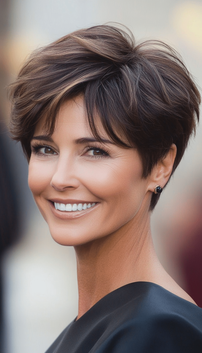 20. Voluminous Layered Cut in Rich Espresso (Short Hairstyles For Women Over 40) - Short Hairstyles For Women Over 40