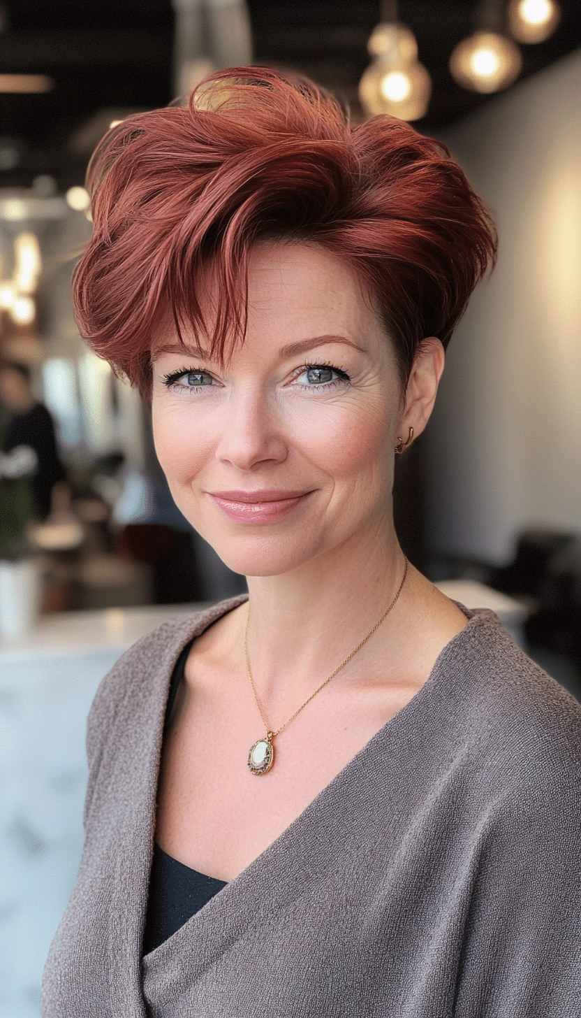 21. Sassy Tousled Pixie in Chestnut Red (Short Hairstyles For Women Over 40) - Short Hairstyles For Women Over 40