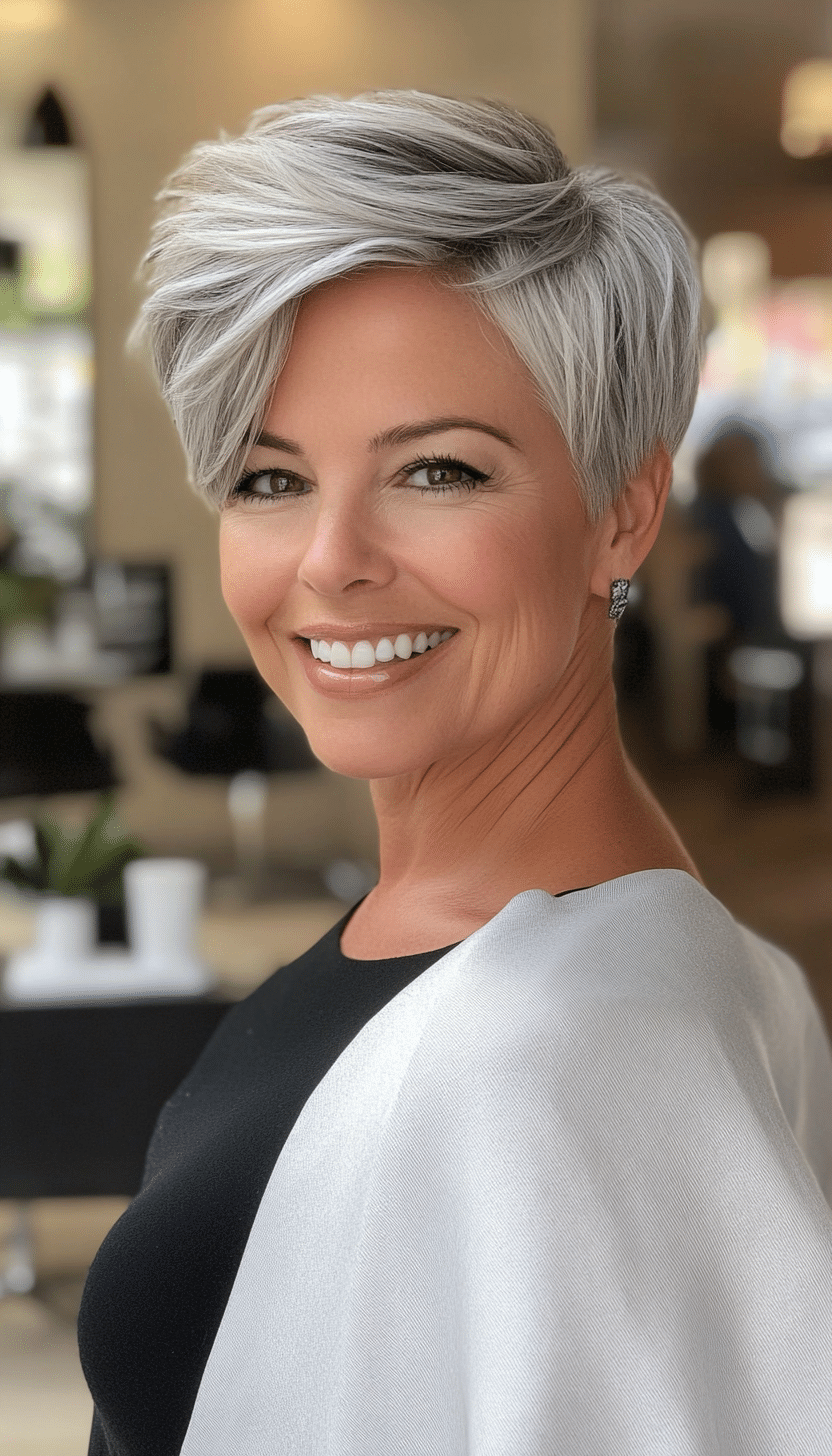 25. Fluffy Pixie in Smoky Silver (Short Hairstyles For Women Over 40) - Short Hairstyles For Women Over 40