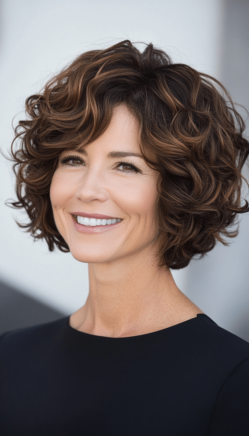 26. Curly Bob in Dark Honey Brown (Short Hairstyles For Women Over 40) - Short Hairstyles For Women Over 40