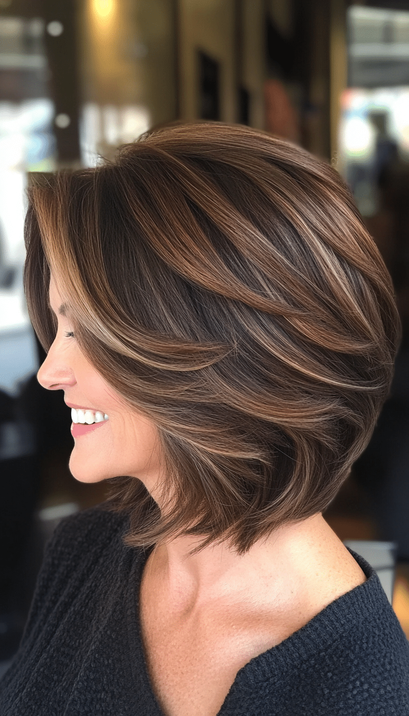 3. Short Layered Bob in Deep Brunette (Layered Haircuts For Older Women) - Layered Haircuts For Older Women