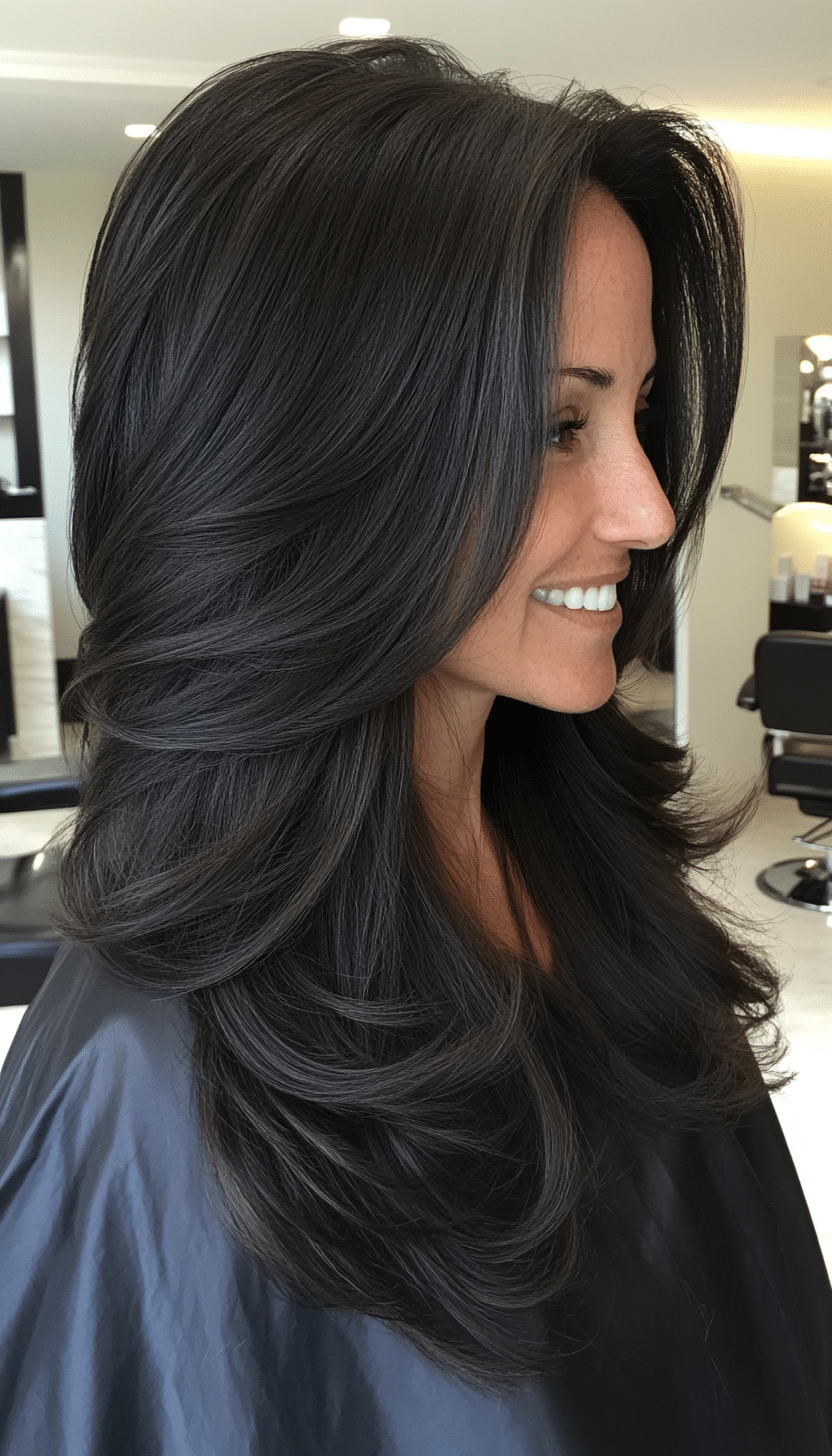 5. Elegant Long Layers in Soft Black (Layered Haircuts For Older Women) - Layered Haircuts For Older Women
