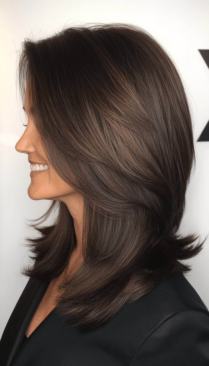 8. Sleek Layered Lob in Espresso Brown (Layered Haircuts For Older Women) - Layered Haircuts For Older Women