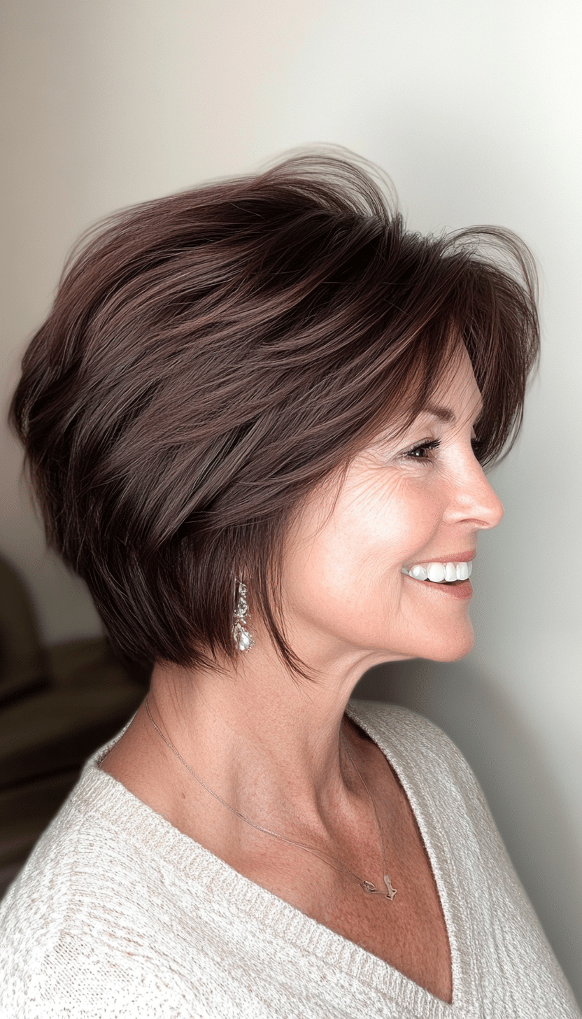 10. Voluminous Layered Crop in Dark Mahogany (Layered Haircuts For Older Women) - Layered Haircuts For Older Women