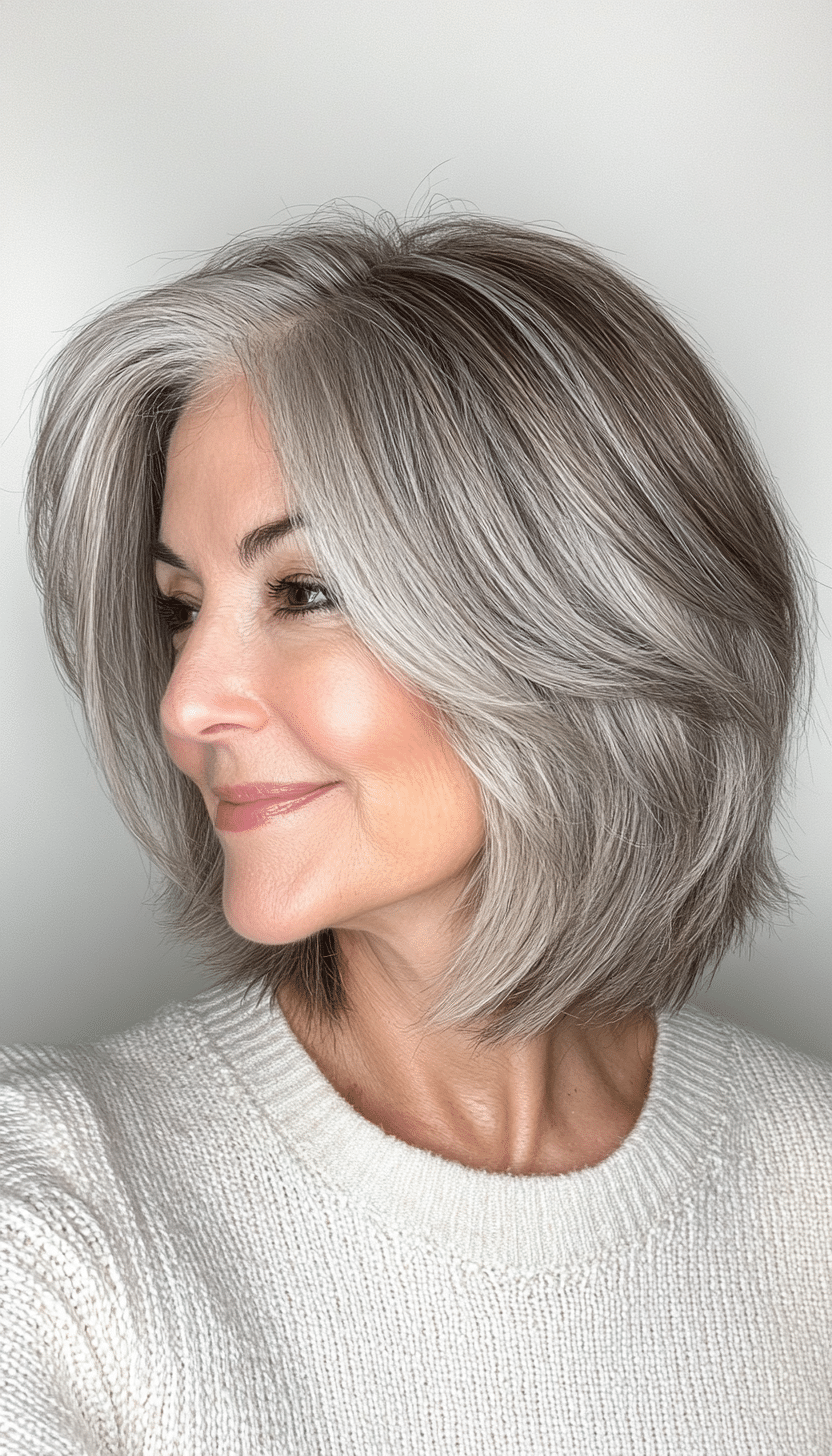 12. Tapered Layered Bob in Salt-and-Pepper Blend (Layered Haircuts For Older Women) - Layered Haircuts For Older Women