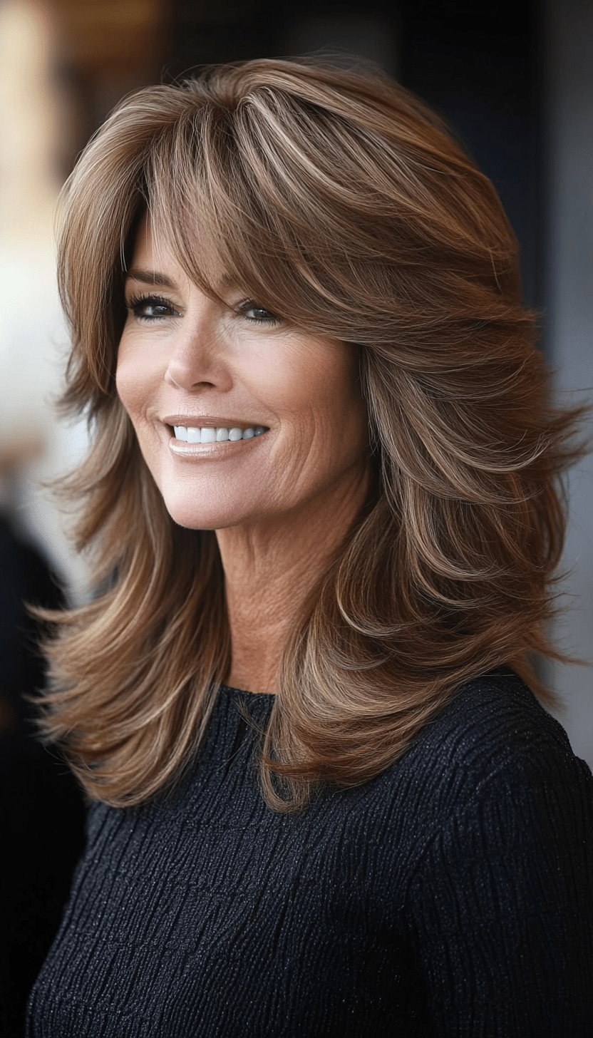 13. Mid-Length Feathered Layers in Warm Walnut Brown (Layered Haircuts For Older Women) - Layered Haircuts For Older Women