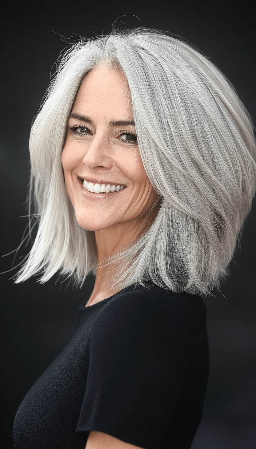 16. Angled Layered Bob in Smoky Silver (Layered Haircuts For Older Women) - Layered Haircuts For Older Women