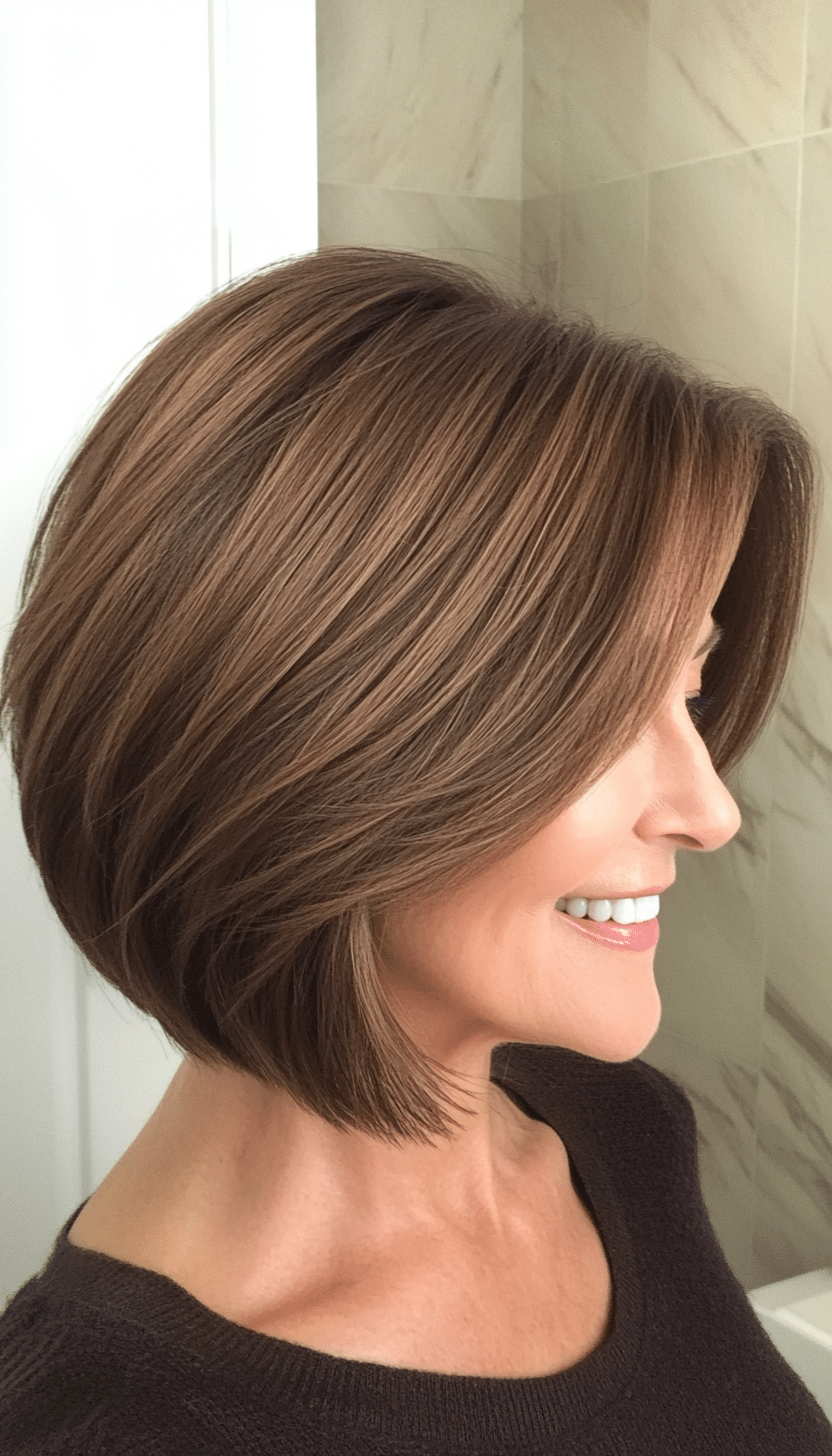 18. Chin-Length Layered Bob in Mocha Brown (Layered Haircuts For Older Women) - Layered Haircuts For Older Women