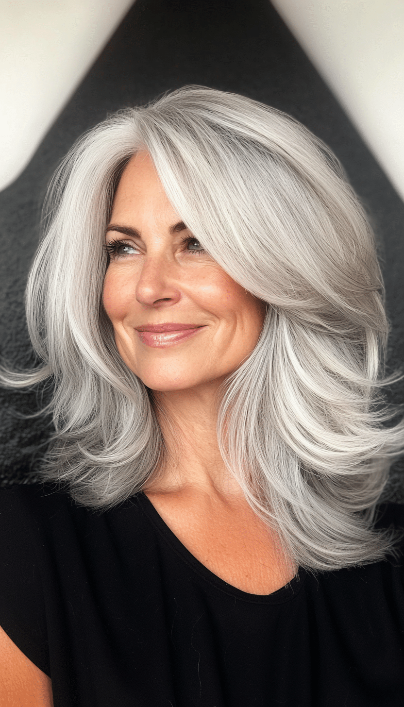 19. Layered Shoulder-Length Shag in Natural Silver (Layered Haircuts For Older Women) - Layered Haircuts For Older Women