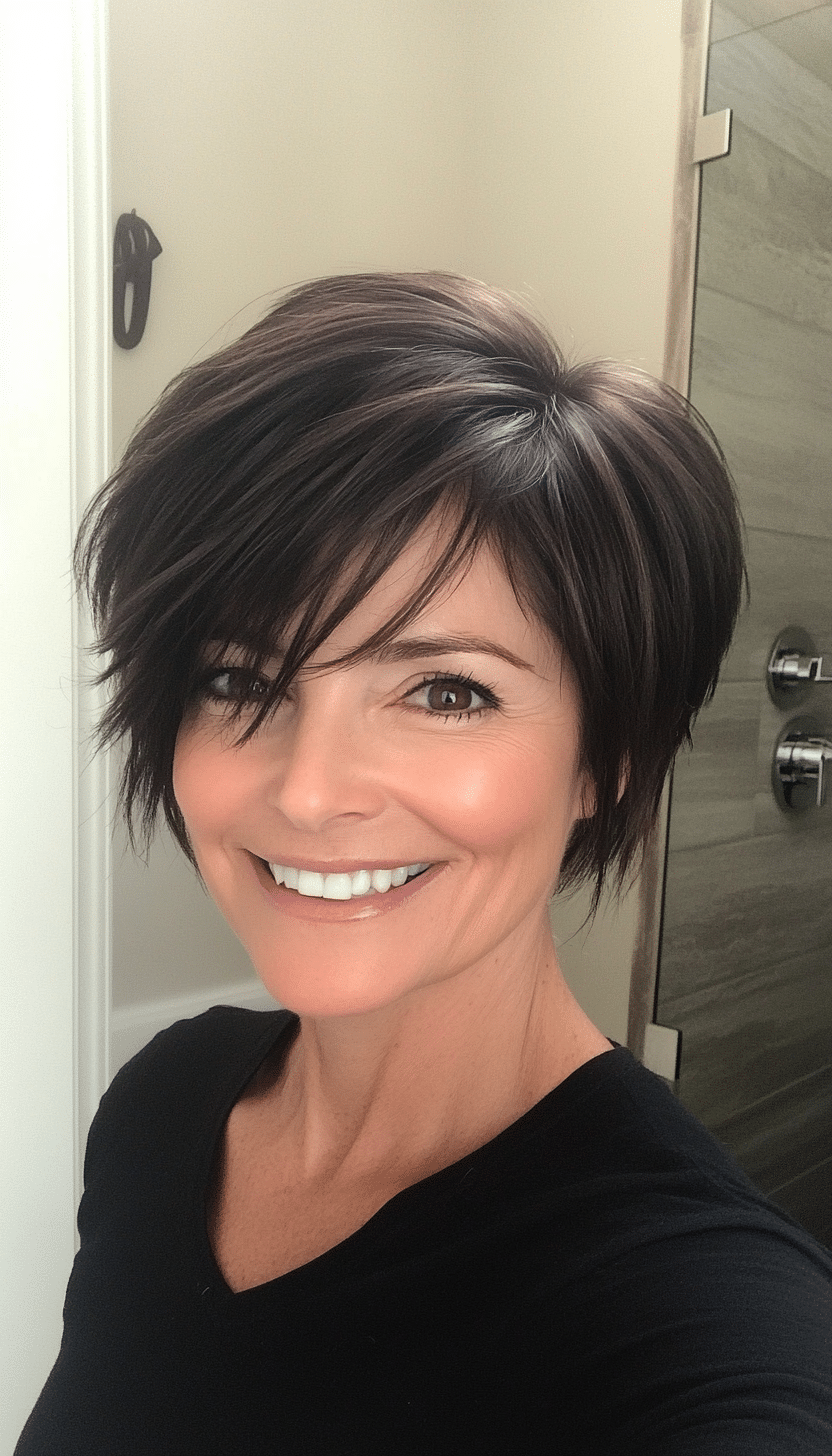 20. Side-Swept Layered Pixie in Dark Espresso (Layered Haircuts For Older Women) - Layered Haircuts For Older Women