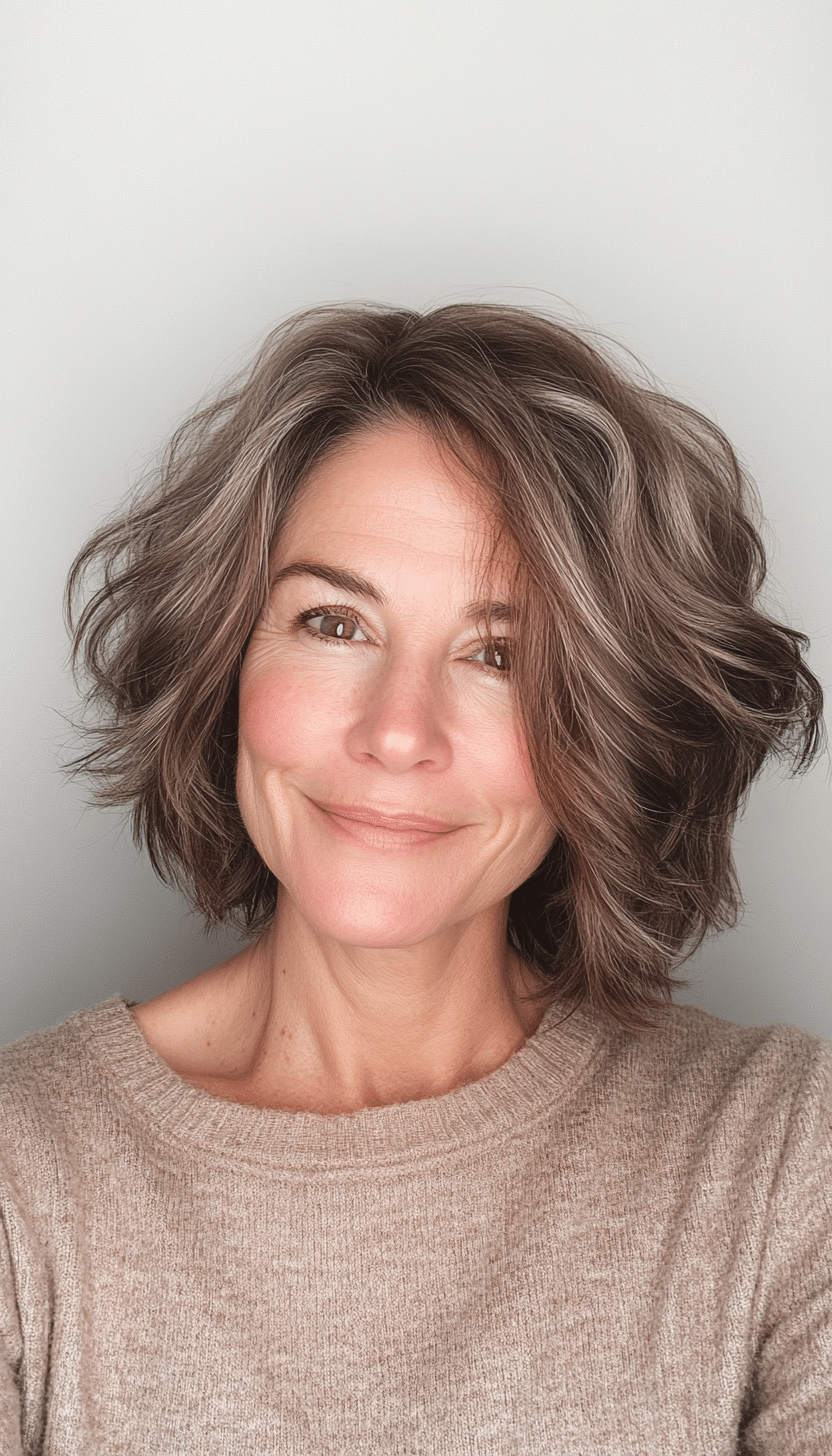 21. Messy Layered Bob in Ash Brown (Layered Haircuts For Older Women) - Layered Haircuts For Older Women
