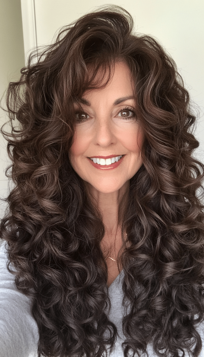 22. Long Layered Curls in Chocolate Brown (Layered Haircuts For Older Women) - Layered Haircuts For Older Women