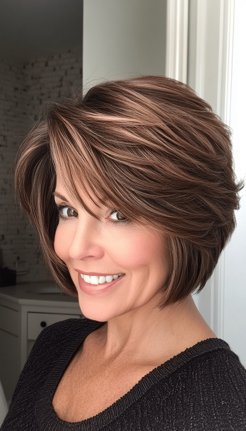 23. Stacked Layered Bob in Rich Mocha (Layered Haircuts For Older Women) - Layered Haircuts For Older Women